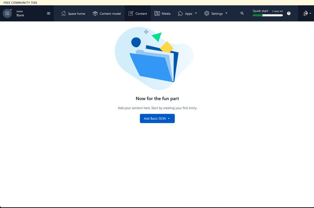 Empty Content page with a blue button which says "Add <content-type>"