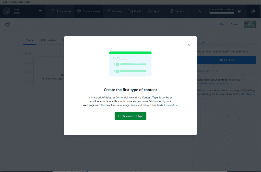 Screen with "Create a content type" button