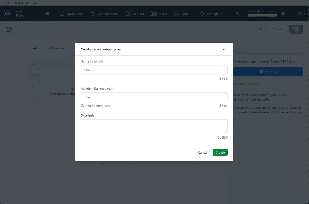 Modal with new field data properties