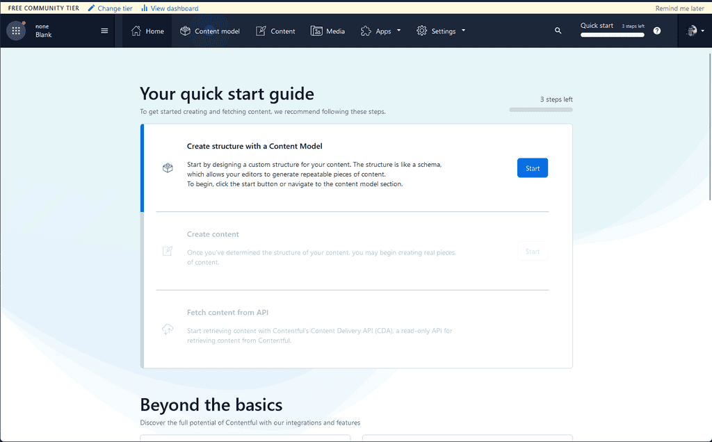 Contentful home page. There is a "start" button to create a new content model