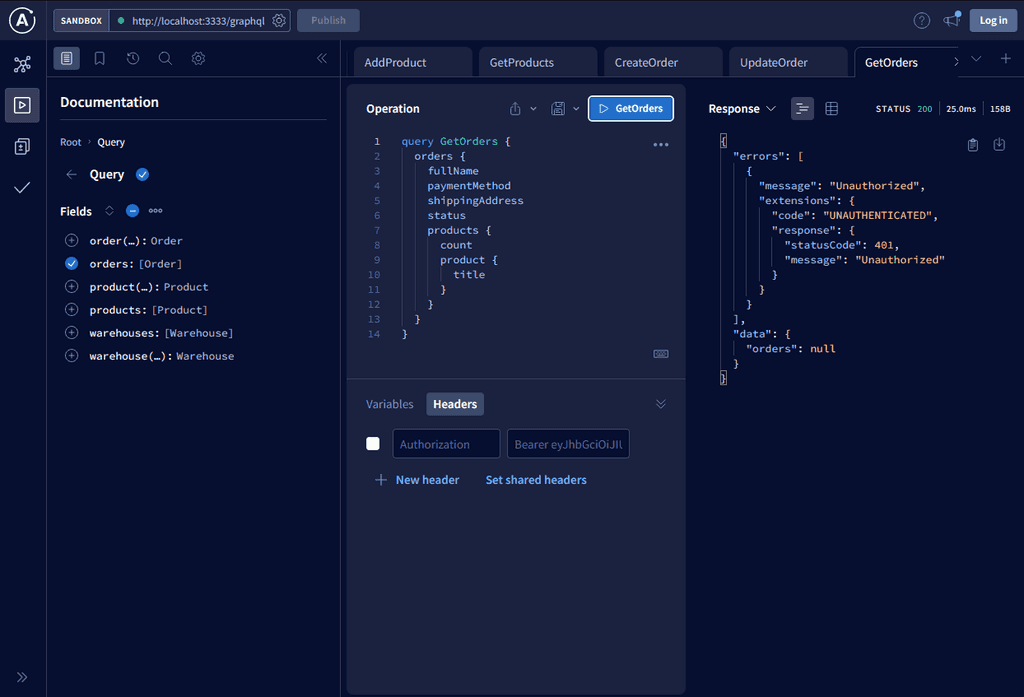 GraphQL GUI for getting orders as unauthorized user