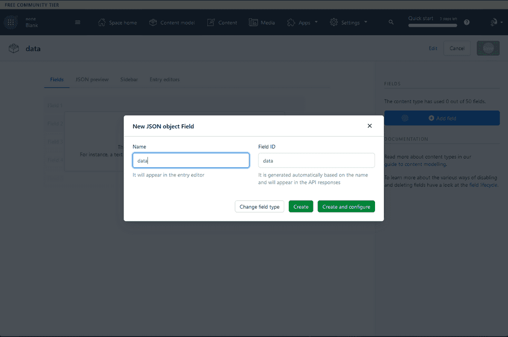 New JSON field modal to configure the name and field ID