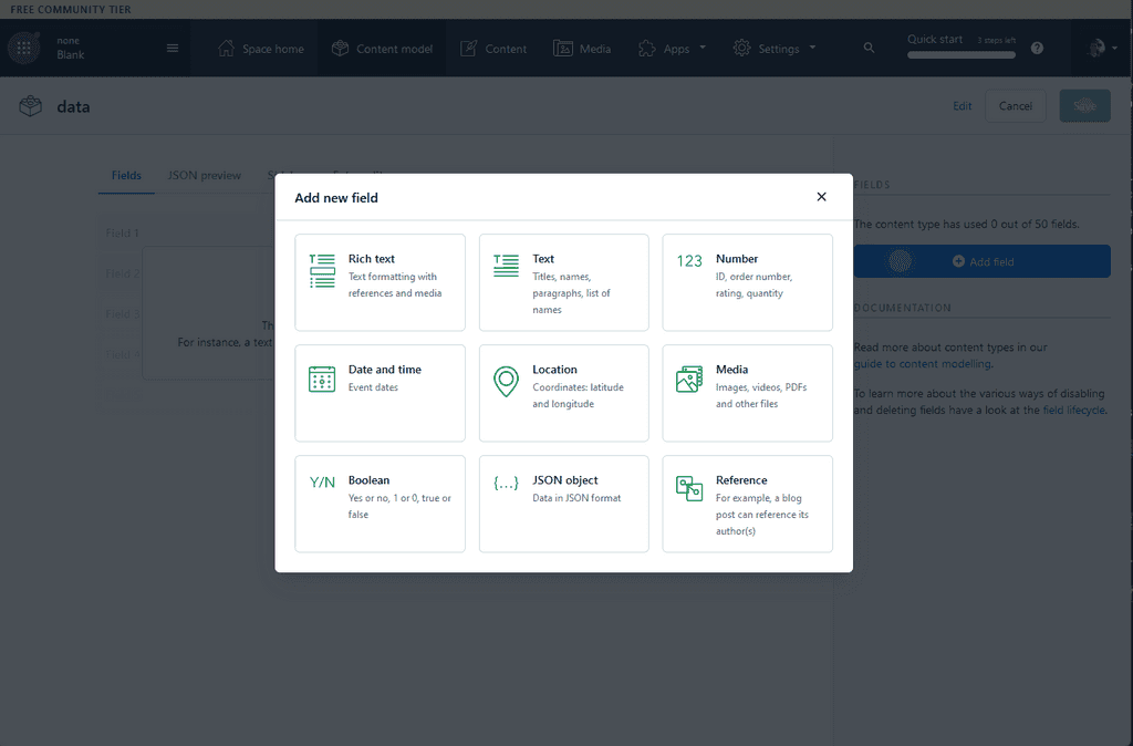 Modal with field types such as "JSON object", "Rich text" etc