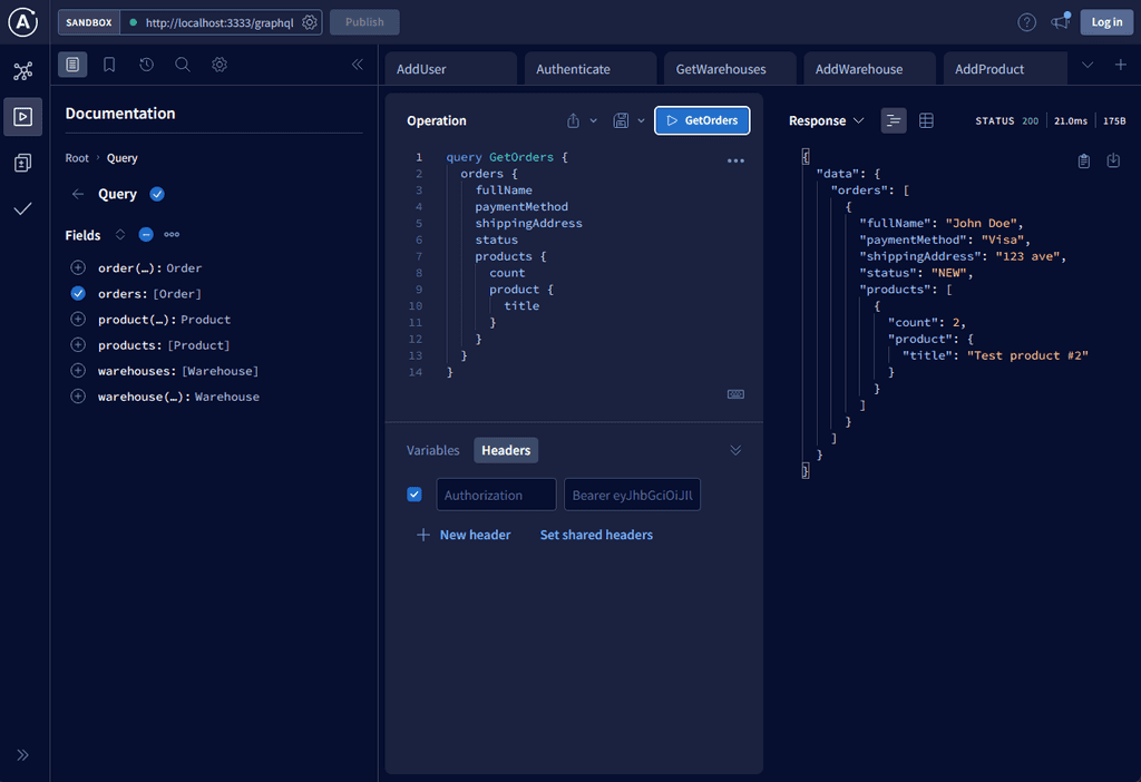 GraphQL GUI for getting orders as authorized user